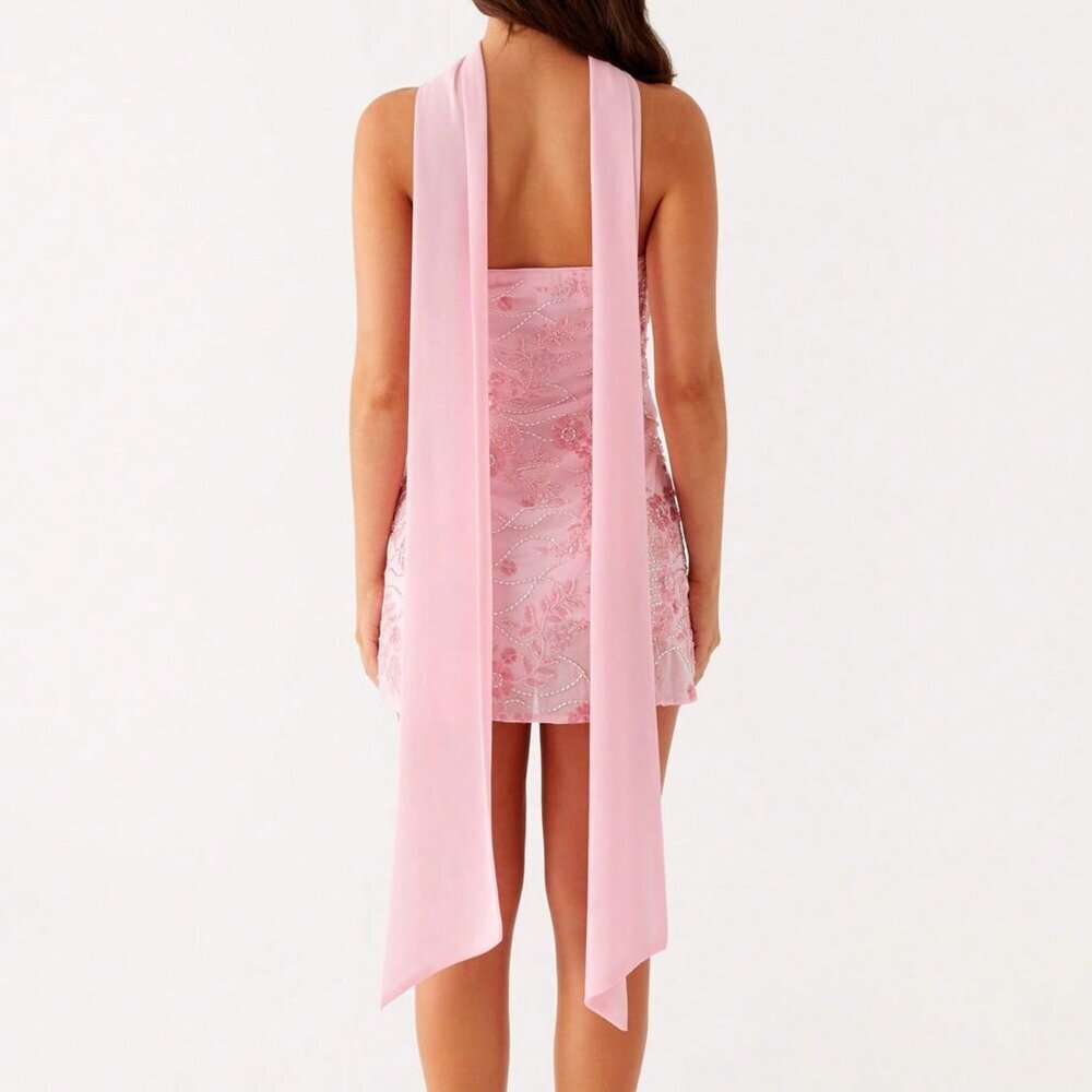 Pink Elegant Strapless Scarf sequin beaded Mini Dress - Picture 3 of 5